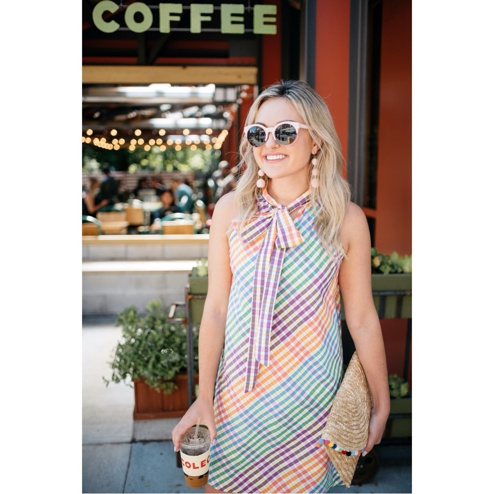 J.Crew Tie Neck Rainbow Gingham Dress Size 8 Plaid Preppy Bow Summer - Picture 7 of 16